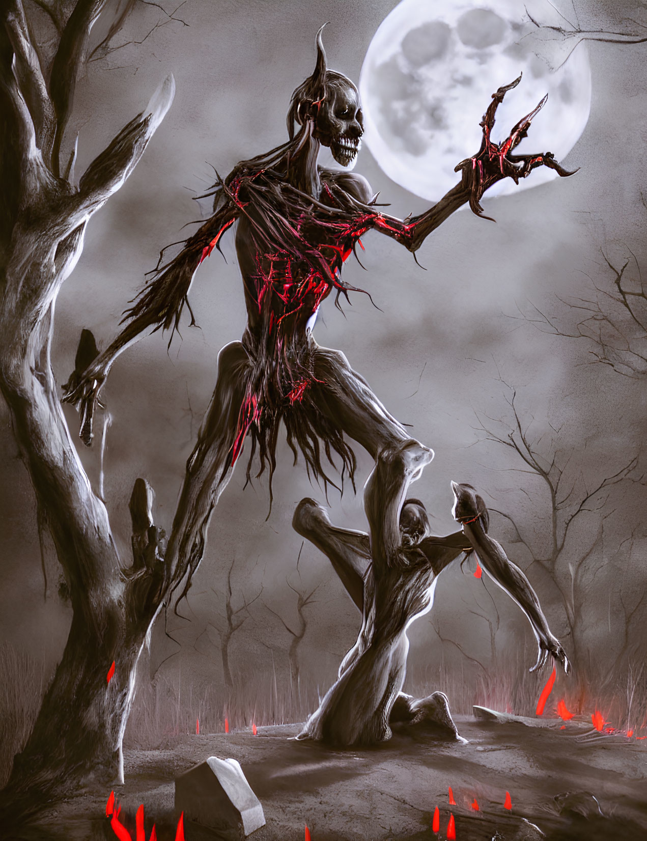 Sinister skeletal figure in nightmarish moonlit landscape