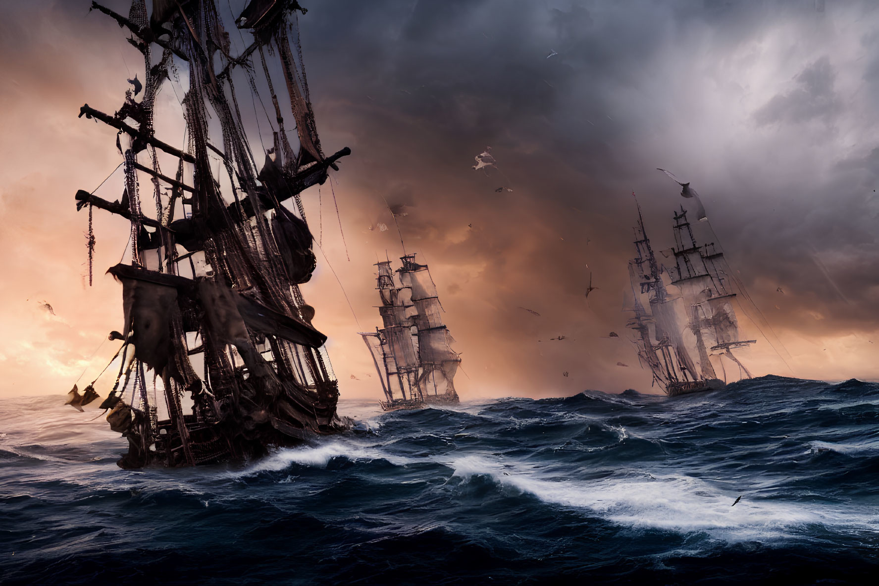 Stormy seas: sailing ships battle turbulent waves under dramatic sky
