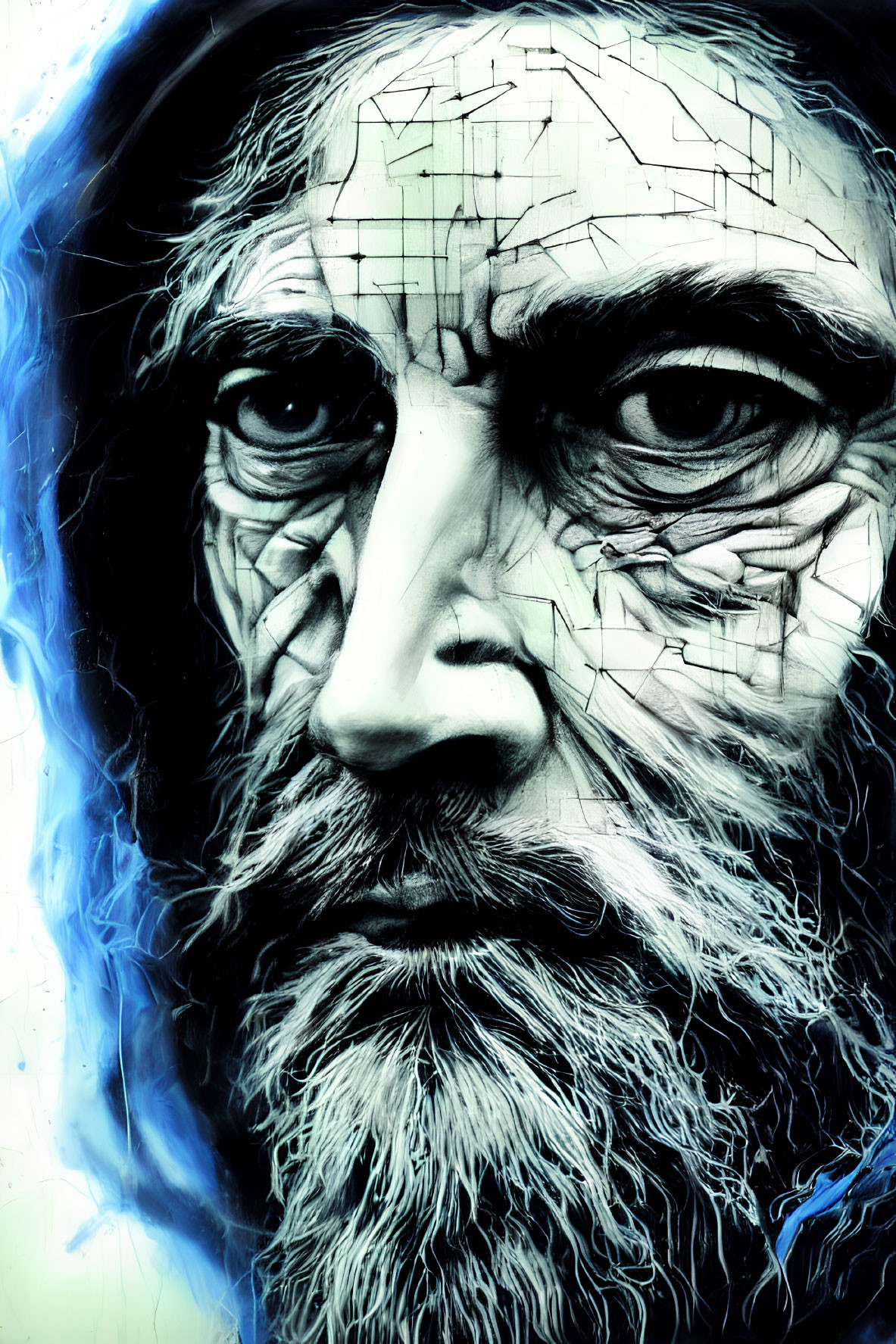 Bearded man with intense eyes, cracked skin effect, blue-white color palette