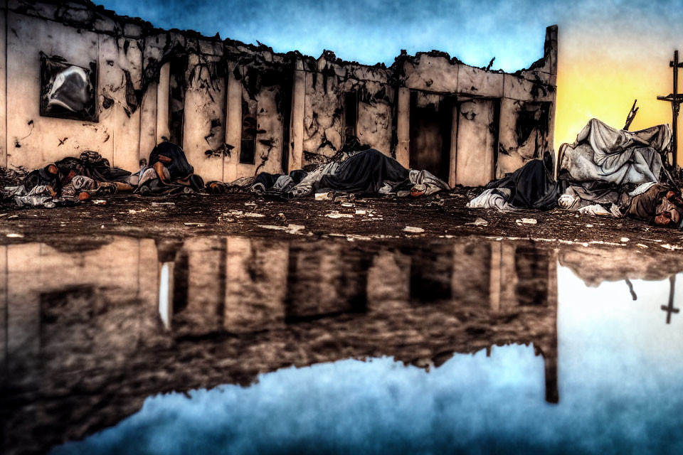 Abandoned building with torn coverings reflected in water at dusk or dawn