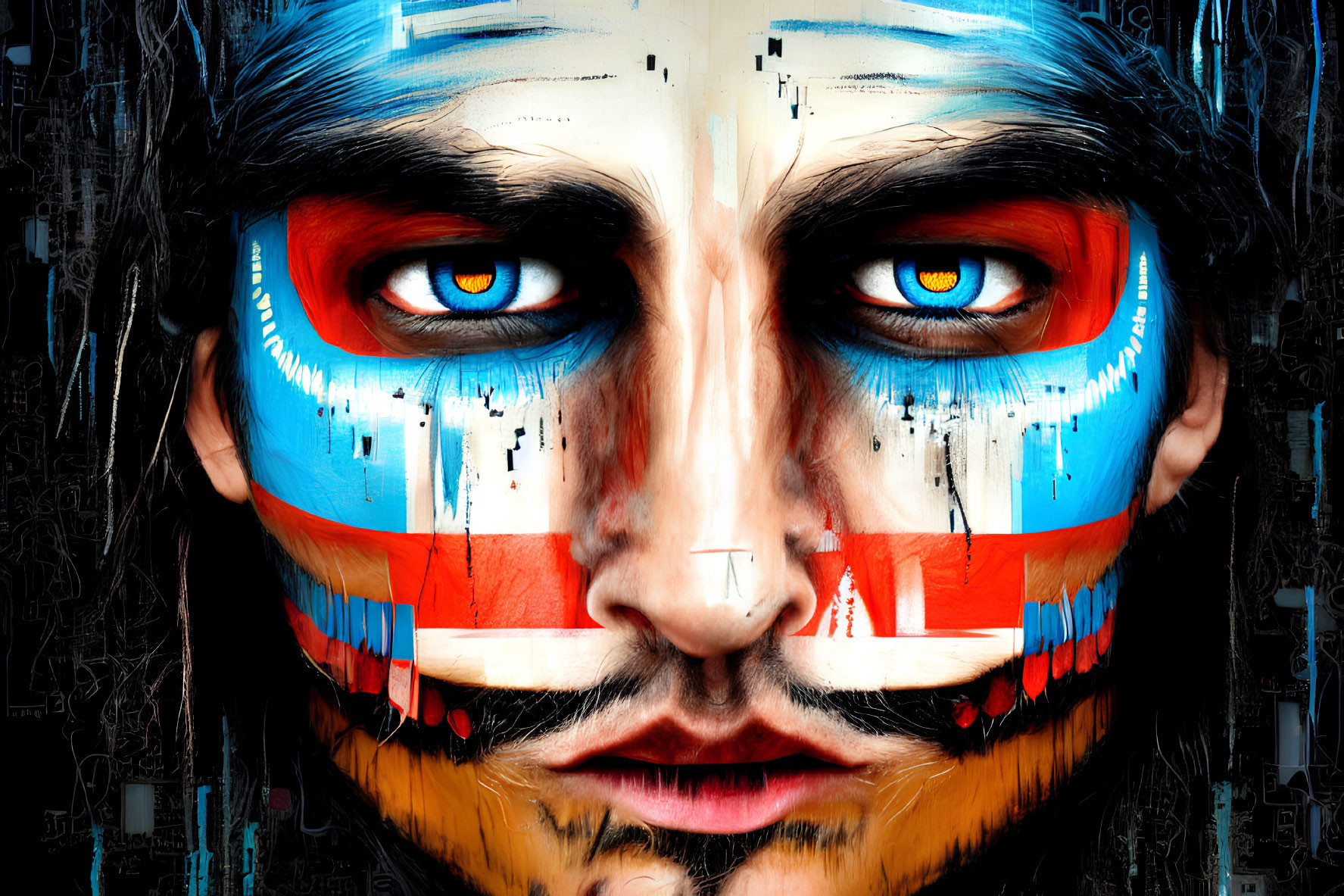 Colorful Face Paint Drips on Man's Face with Graffiti Background