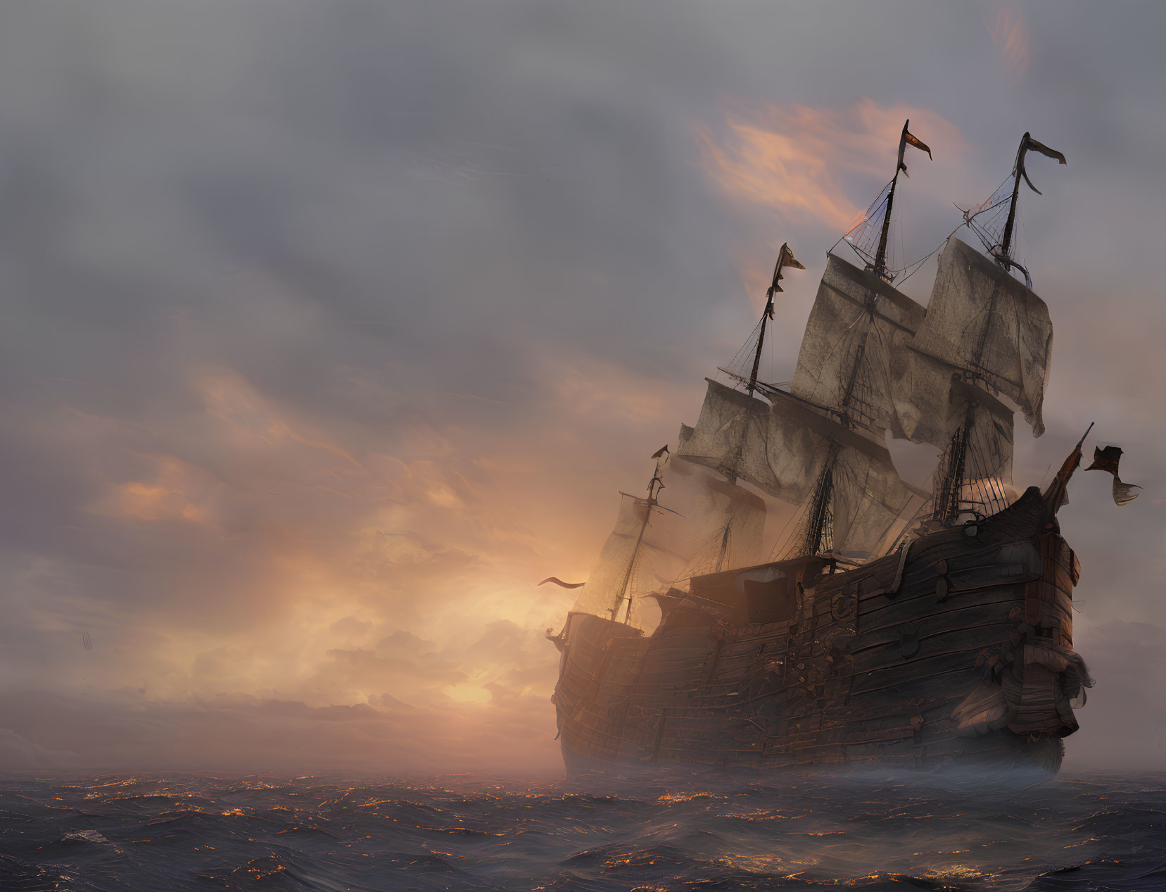 Vintage sailing ship with tattered sails in stormy seas at sunset.