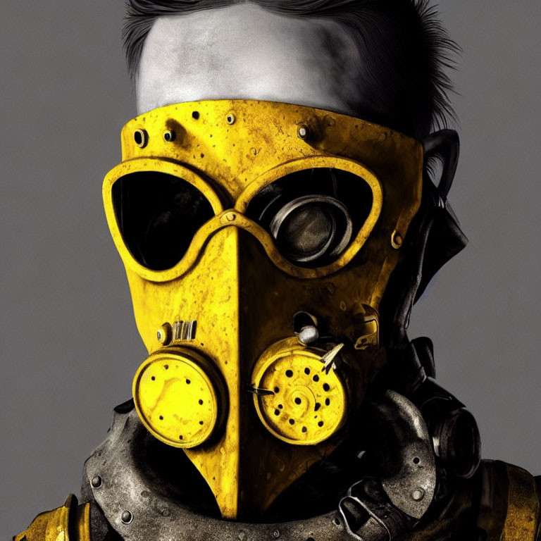 Yellow and Gray Post-Apocalyptic Gas Mask and Armor on Gray Background