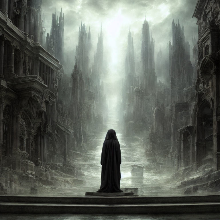 Mysterious cloaked figure in dark gothic cityscape under brooding sky