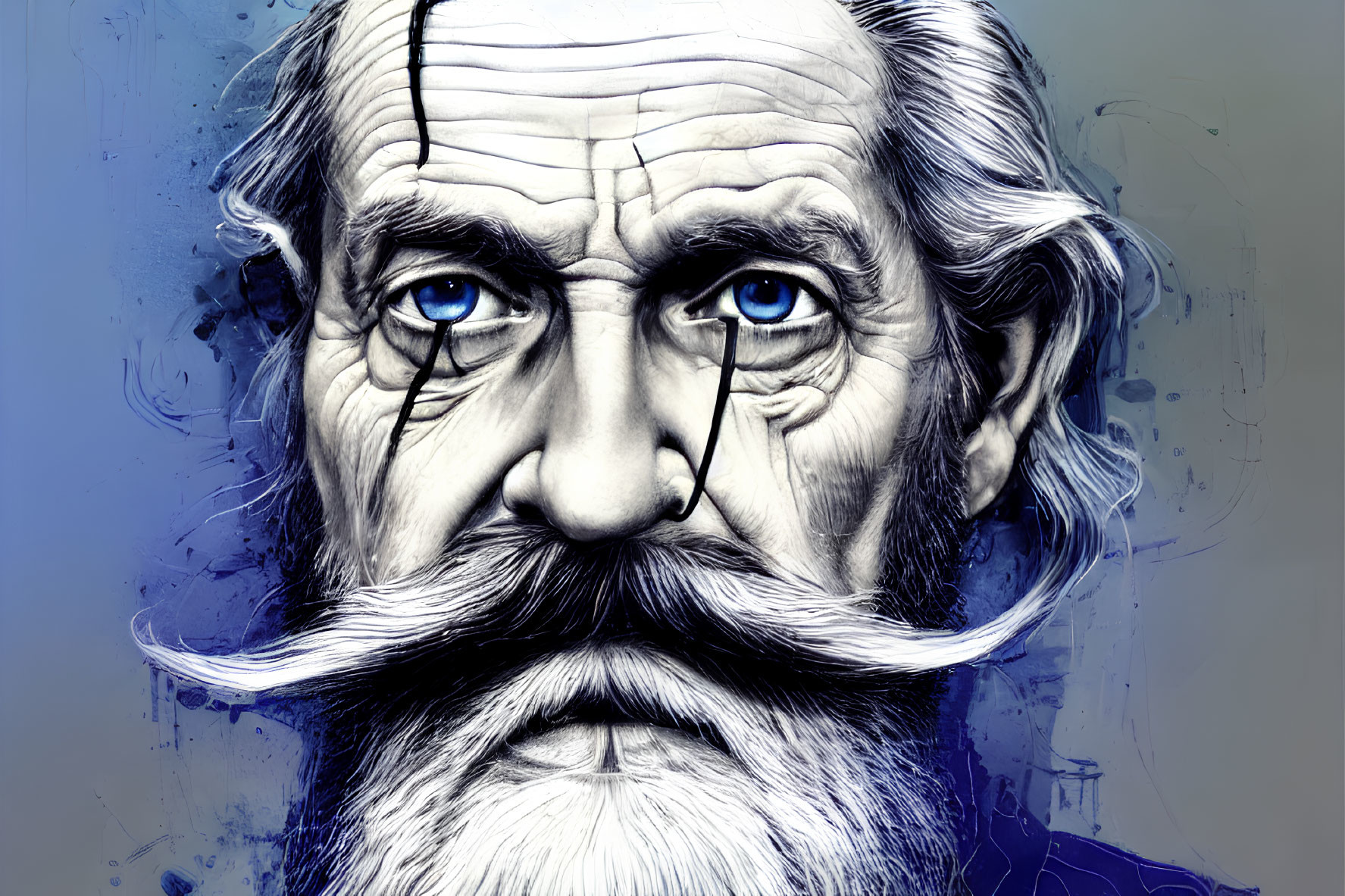Detailed portrait of a man with blue eyes and white mustache on blue background