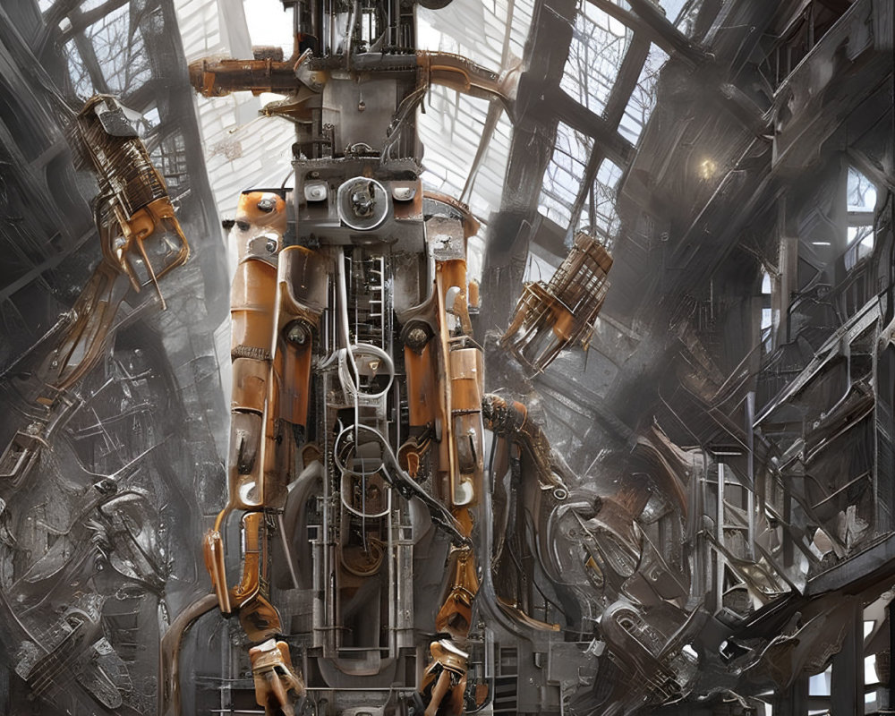 Giant mech with intricate details in old industrial hangar