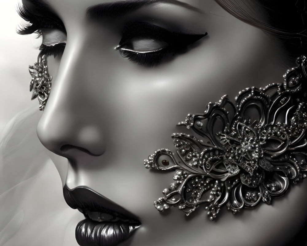 Monochromatic image of woman with floral-patterned jewelry and bold eyeliner