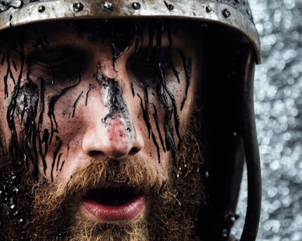 Bearded person in wet Viking-style helmet with water droplets