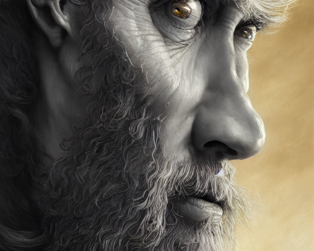 Hyper-realistic portrait of older man with yellow eyes, grizzled beard, and deep wrinkles on