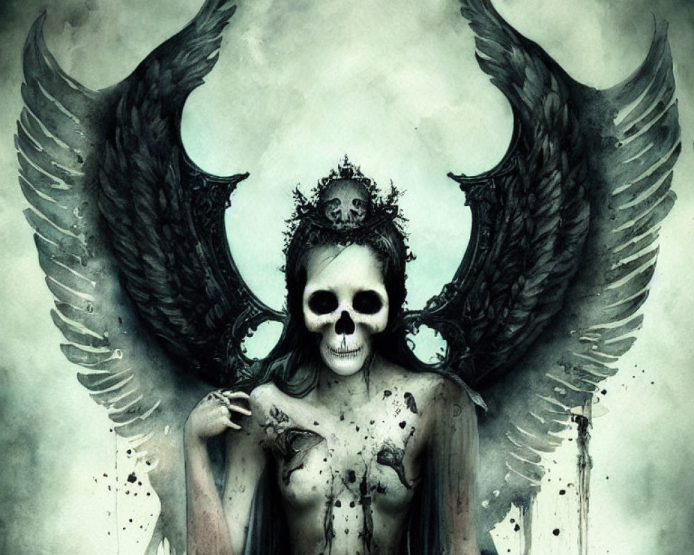Dark fantasy art: Skull-faced figure with black wings and crown on murky background