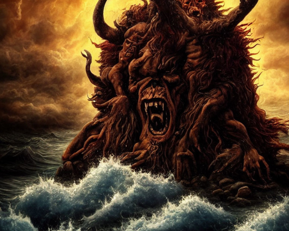Mythical horned creature rises from stormy ocean waves