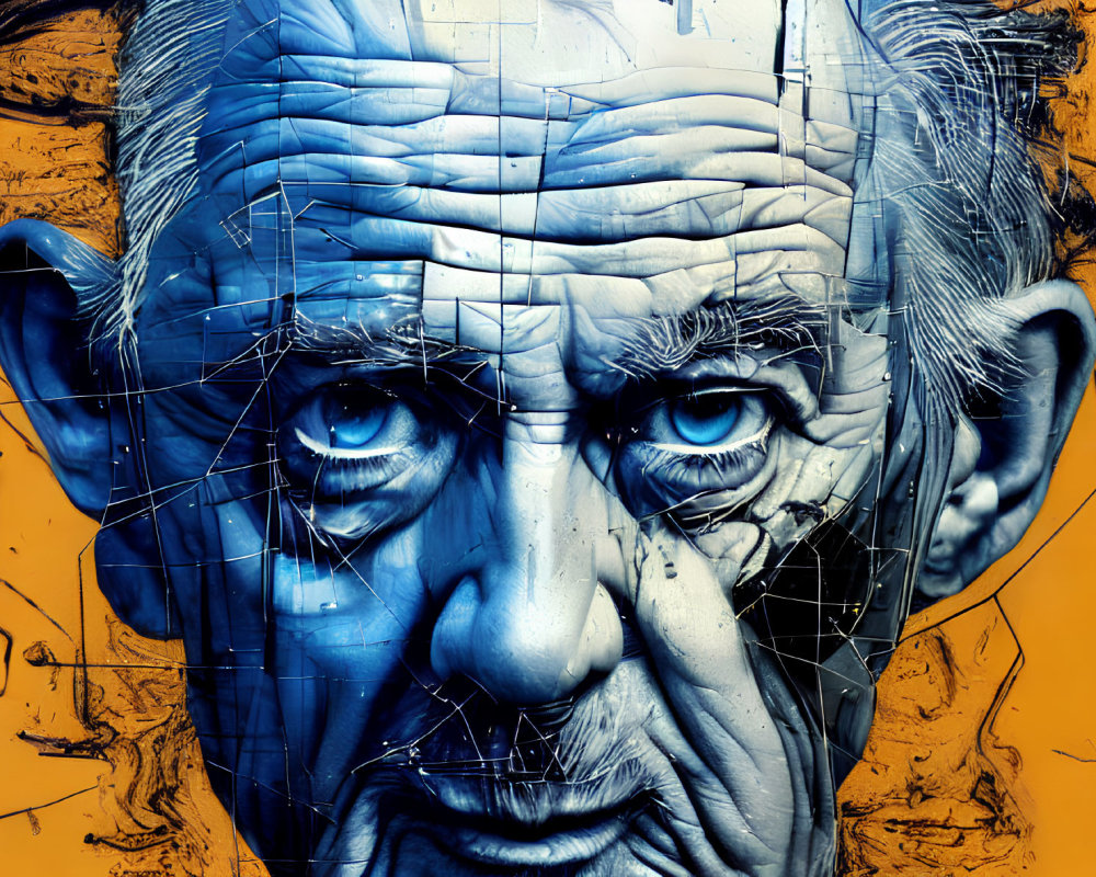 Hyper-realistic mural of elderly man's face on vibrant yellow background
