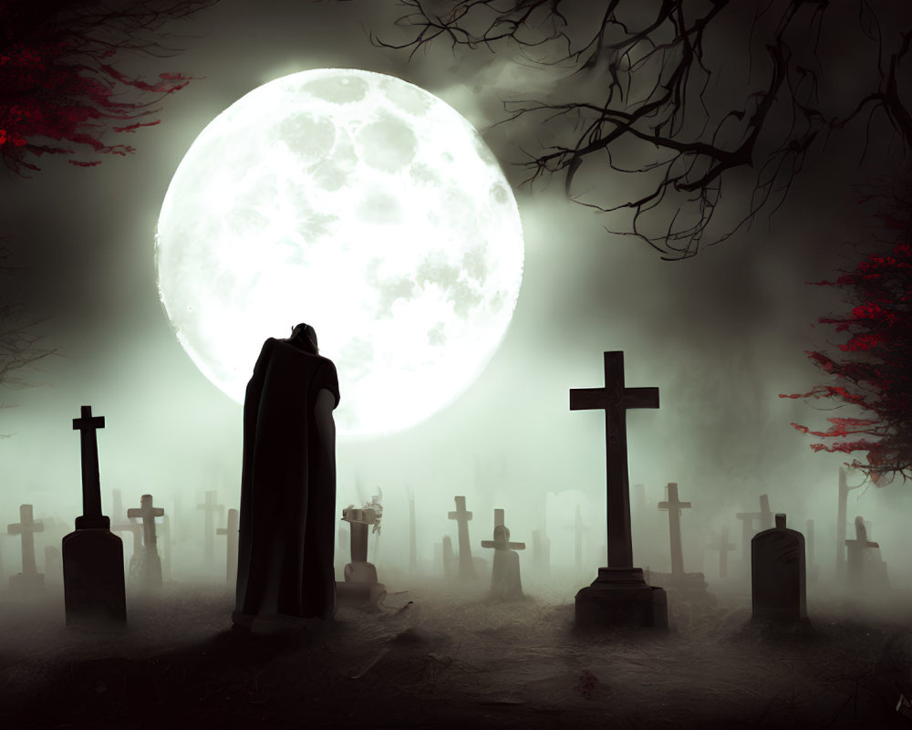 Cloaked figure in foggy cemetery under full moon