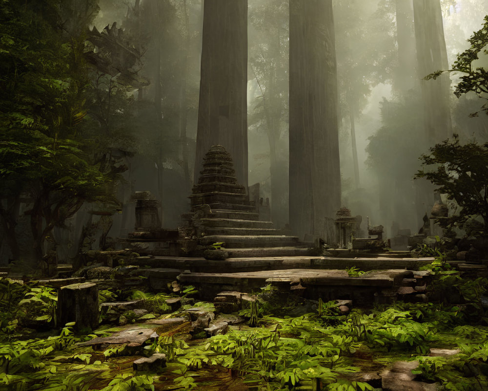 Ancient stone temple in misty forest surrounded by foliage