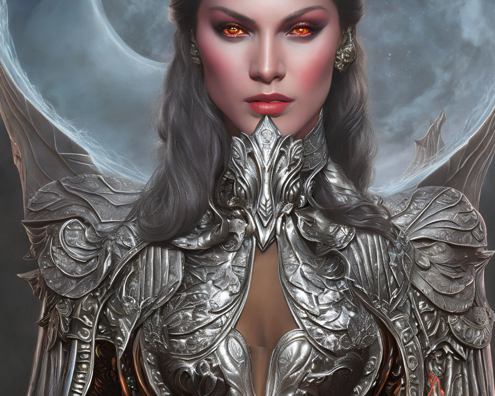 Digital artwork of a woman with red glowing eyes in silver-plated armor.