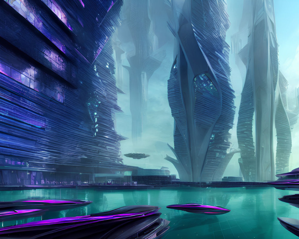 Futuristic cityscape with towering skyscrapers and floating vehicles.