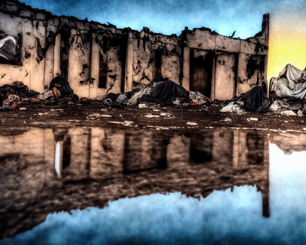 Abandoned building with torn coverings reflected in water at dusk or dawn