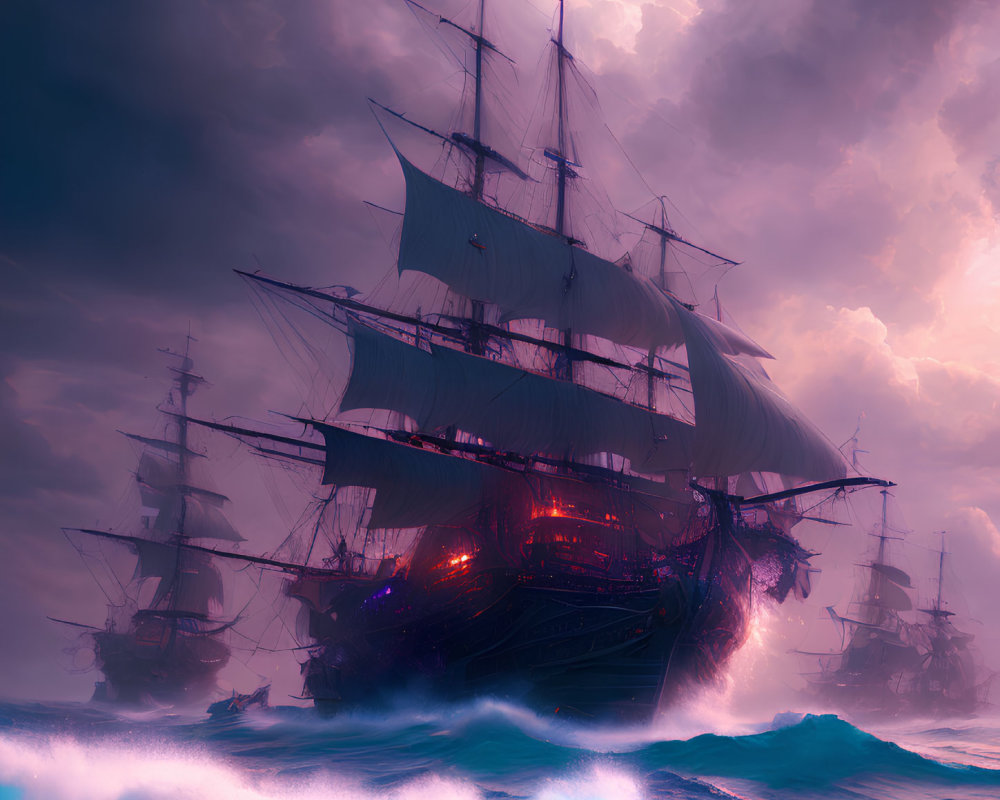Sailing ships on misty purple seas under dramatic sky