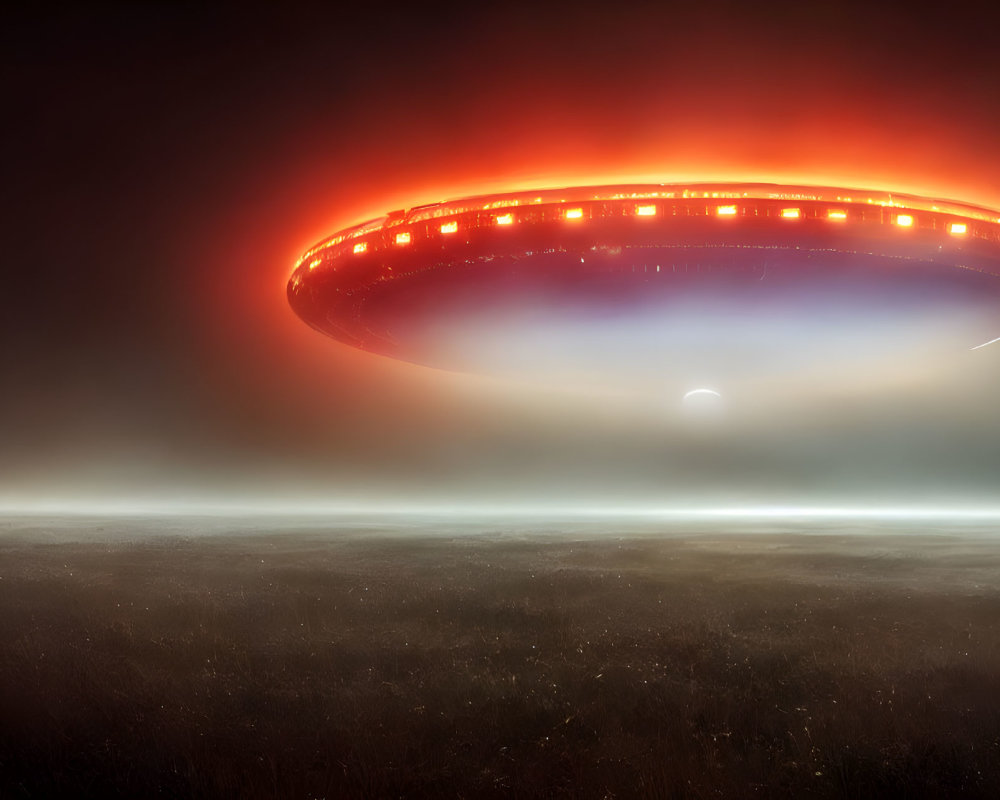 Mysterious illuminated UFO hovers over misty ground at night