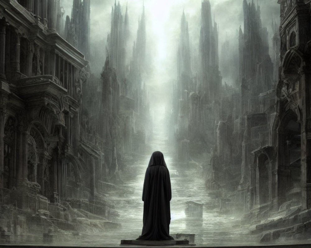 Mysterious cloaked figure in dark gothic cityscape under brooding sky