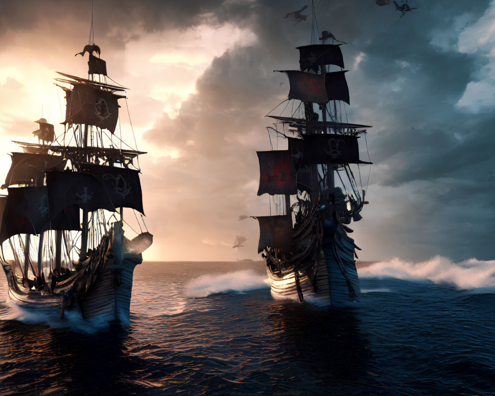 Pirate ships with black sails on rough seas under a dramatic sunset.