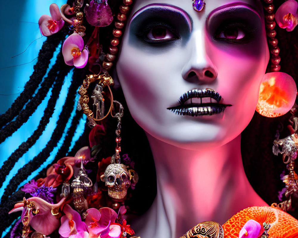 Elaborate skull makeup with colorful flowers, beads, and jewelry