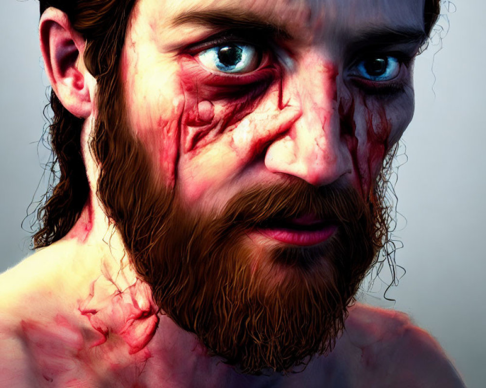 Detailed digital portrait of a man with scarred face and blue eyes
