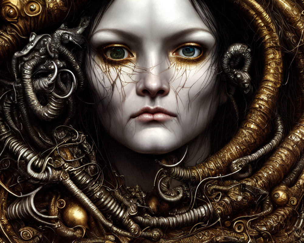 Detailed digital artwork: Pale-skinned woman with green eyes in steampunk setting