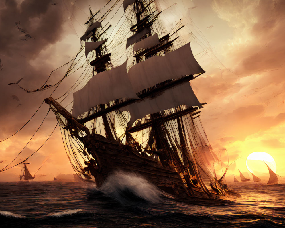 Vintage sailing ship with tall masts on golden ocean at sunset, seabirds, distant ships,