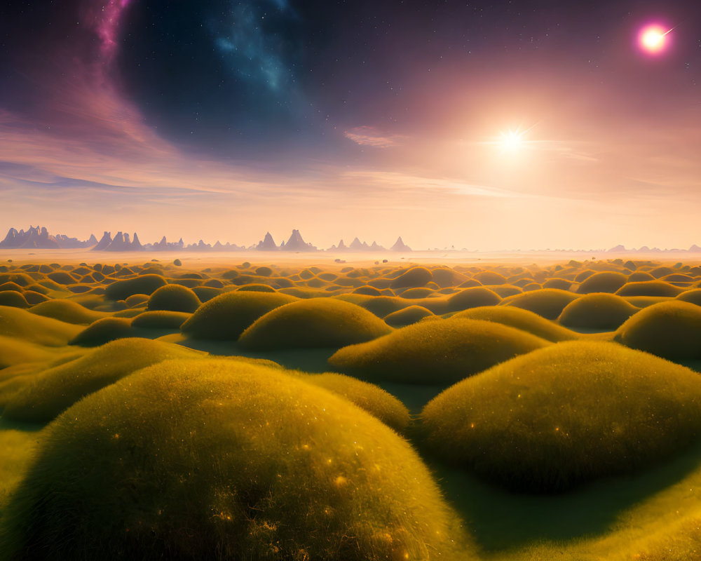 Vibrant alien landscape: Mossy hills, dual suns, and nebula sky