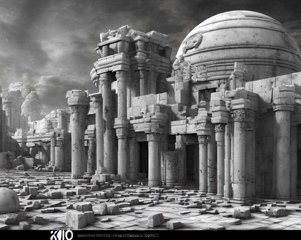 Ancient ruins with columns, fallen blocks, and a dome under a cloudy sky