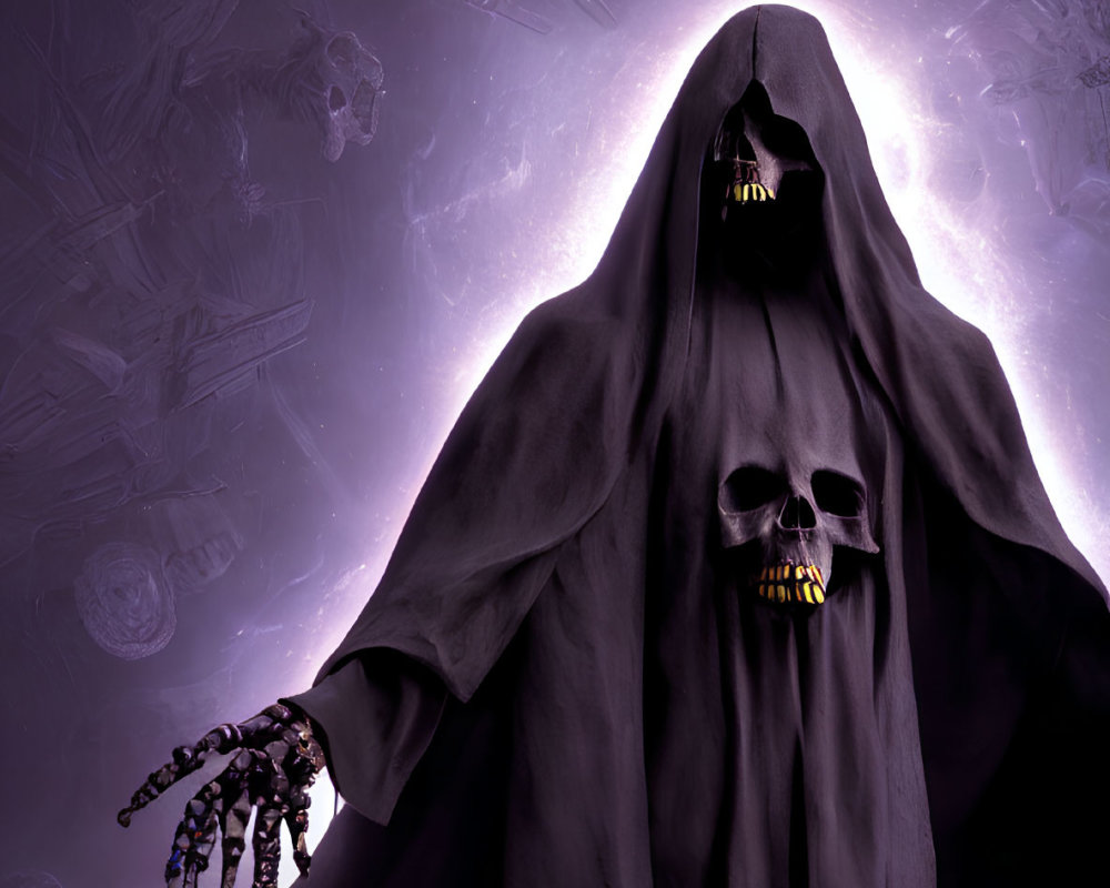 Skull-faced figure in cloak with skeletal hand, surrounded by purple mist and ghostly spaceships.