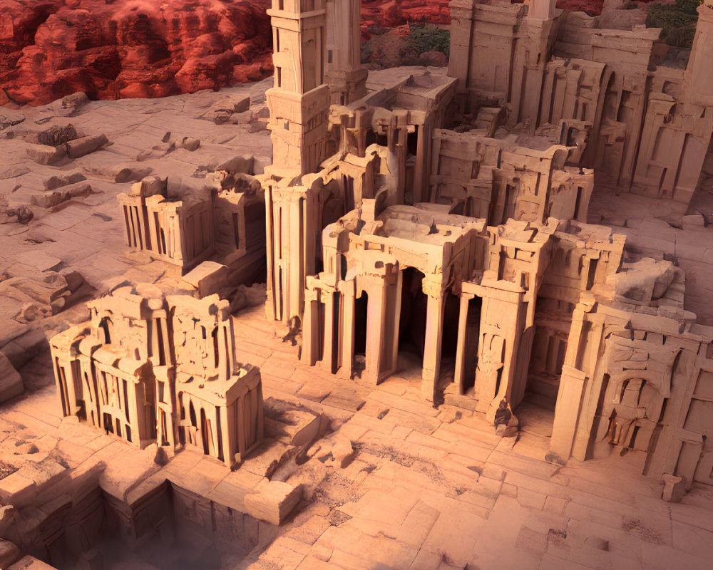Ancient ruins with towering columns in rocky desert landscape