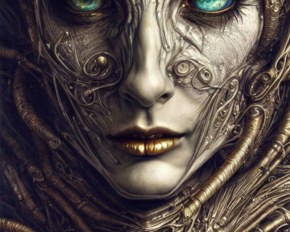 Detailed artwork featuring figure with metallic facial designs and vibrant blue eyes