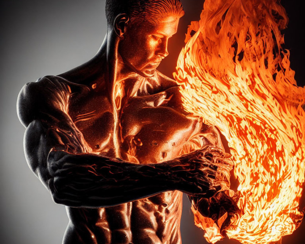 Muscular person painted as bronze statue with flame effect pose