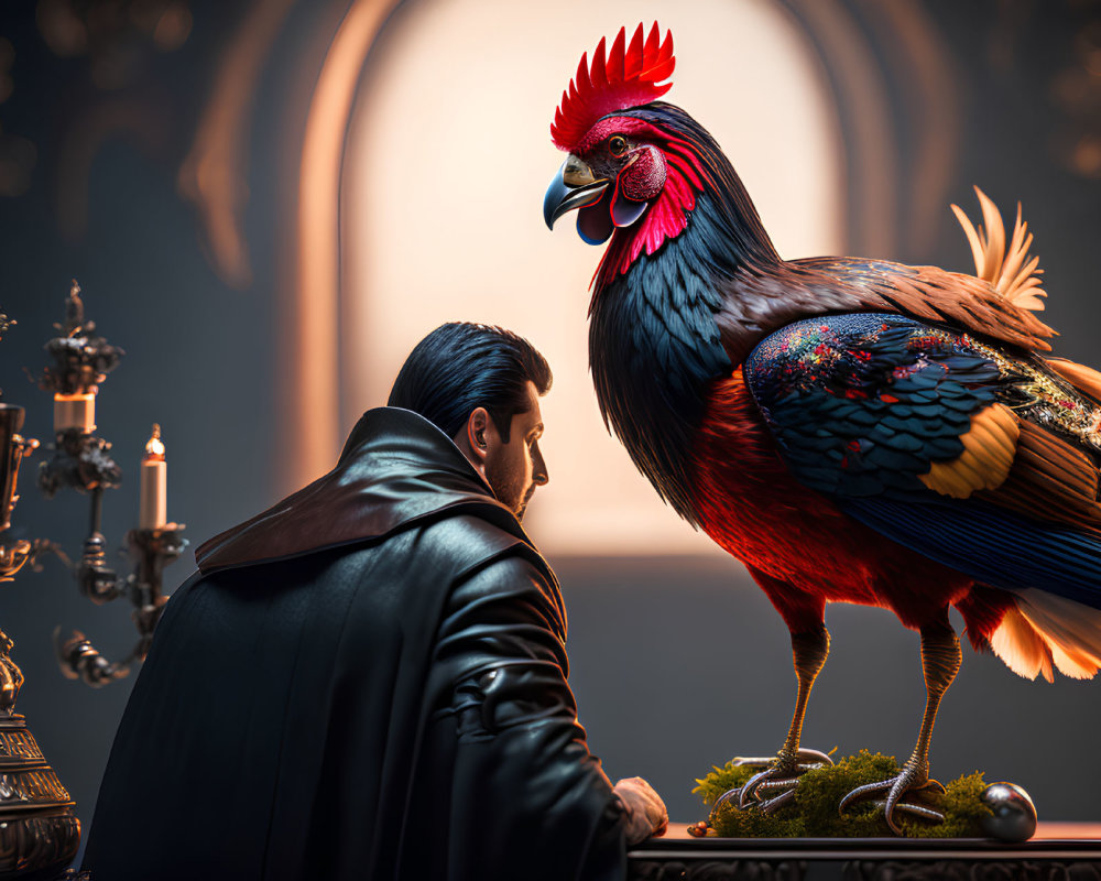 Man in Black Coat Confronts Rooster on Table with Candles