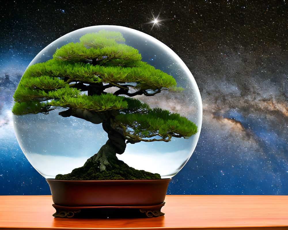 Bonsai tree in transparent sphere with starry sky reflection on wooden surface