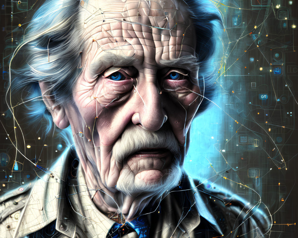 Detailed Digital Art: Elderly Man with Blue Eyes in Futuristic Setting