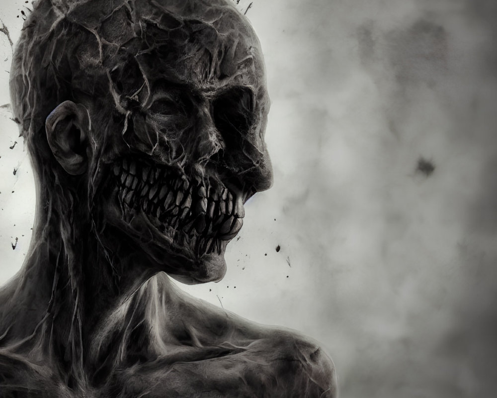 Sinister skeletal figure with cracked skin in monochrome art