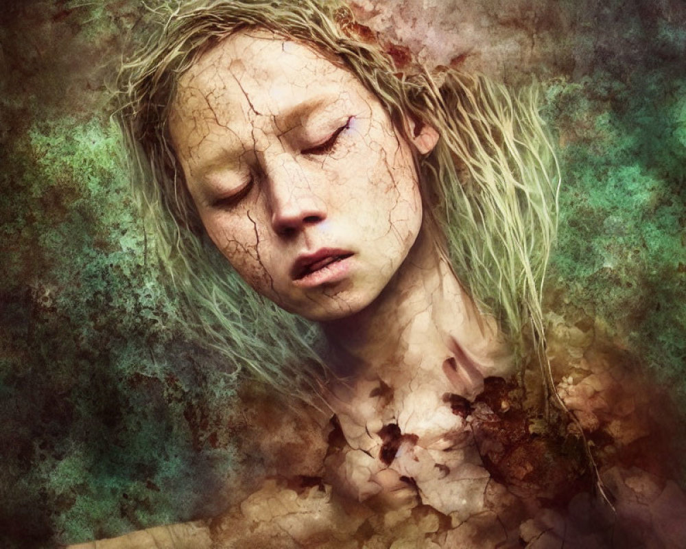 Melancholic woman with cracked skin against textured backdrop
