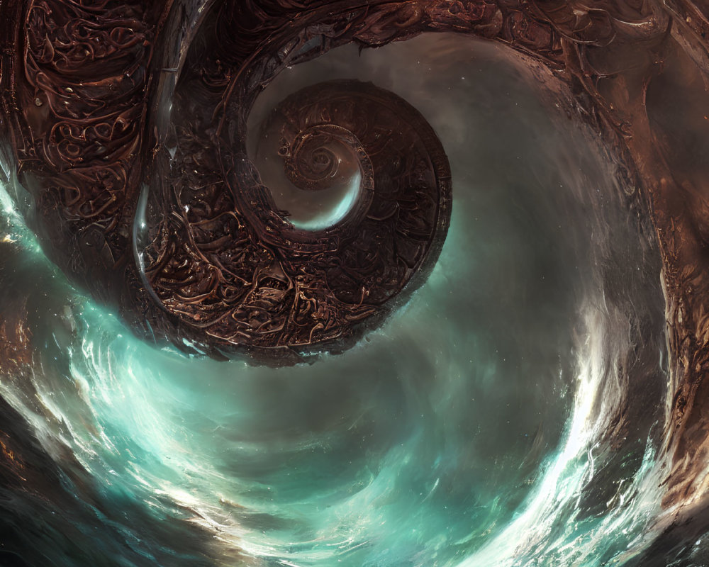 Intricate Spiral Structure Glowing Turquoise on Stormy Background