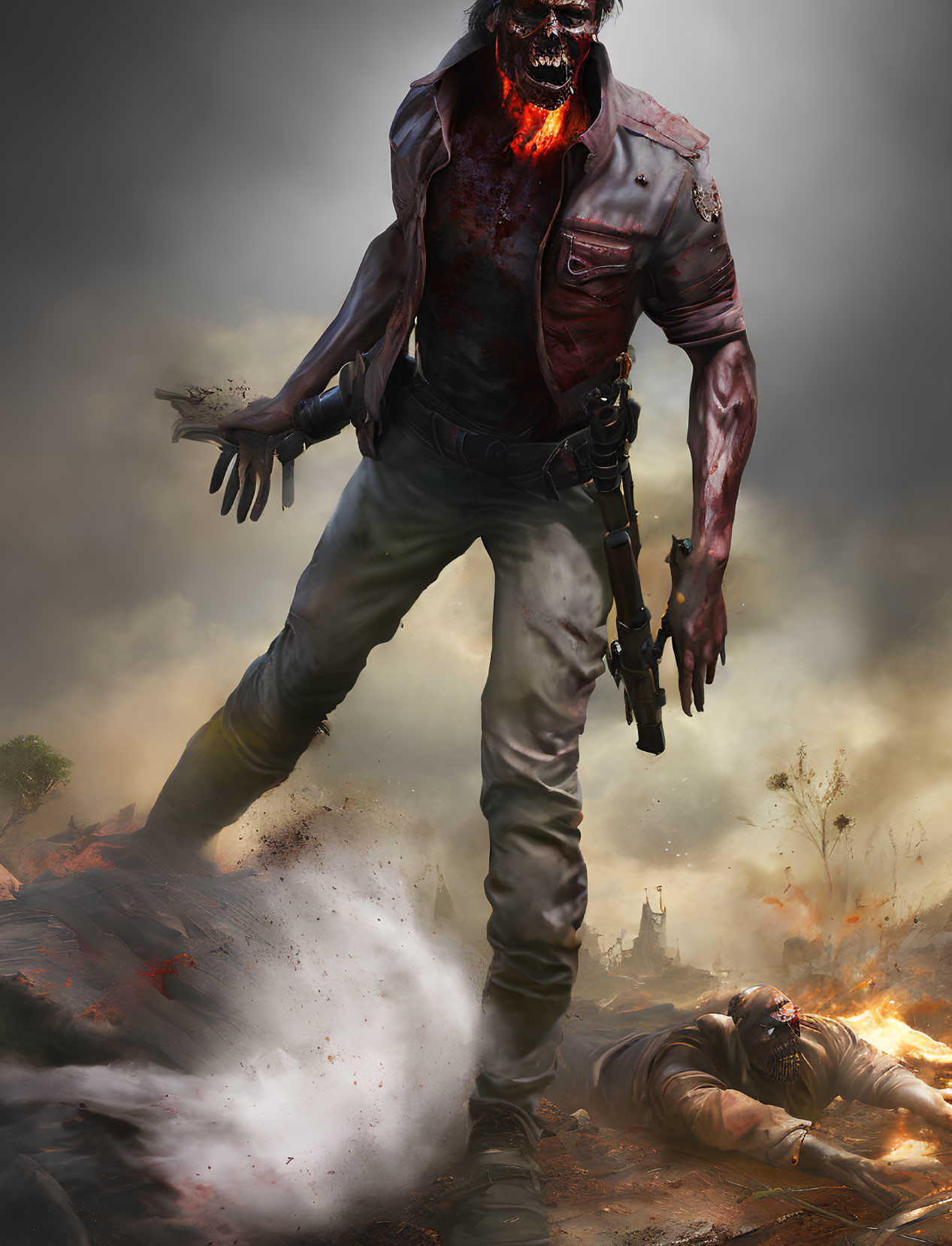 Detailed illustration of a zombie with exposed jaw, gun, in apocalyptic battlefield
