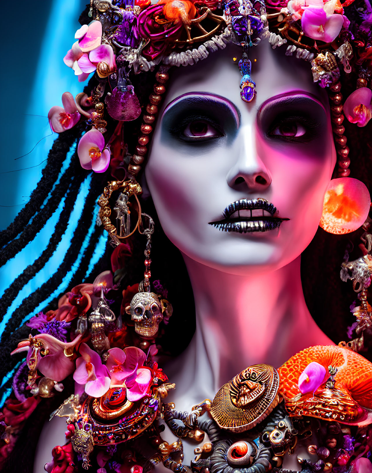 Elaborate skull makeup with colorful flowers, beads, and jewelry
