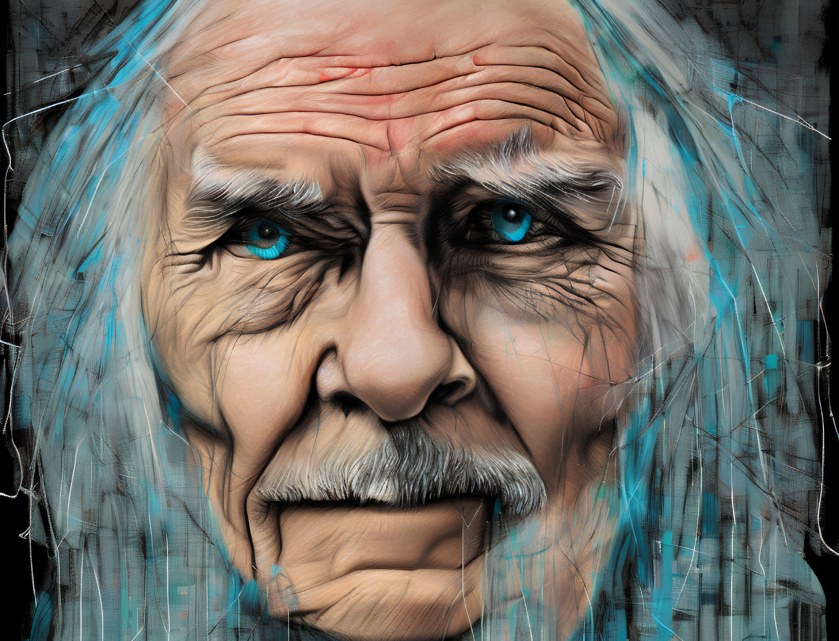 Detailed digital painting of elderly man with blue eyes and white hair