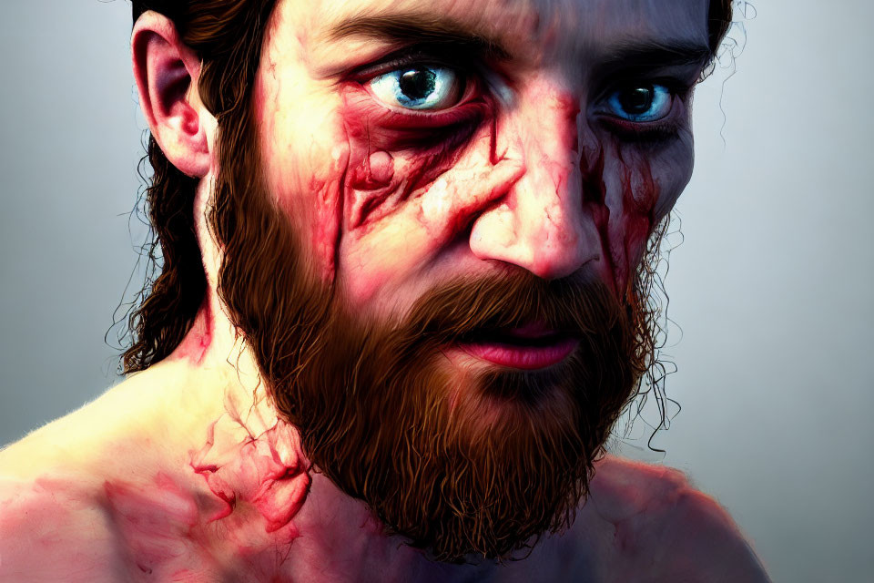 Detailed digital portrait of a man with scarred face and blue eyes