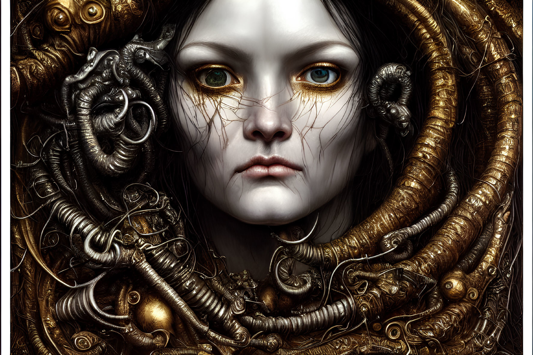 Detailed digital artwork: Pale-skinned woman with green eyes in steampunk setting