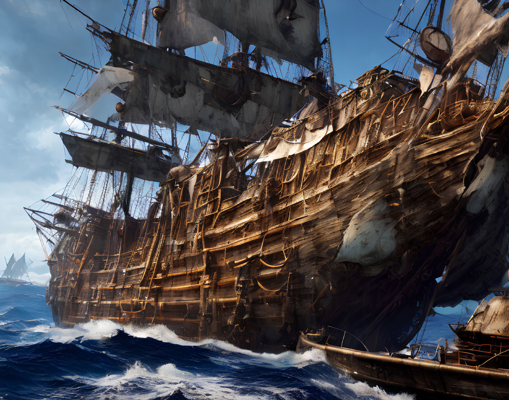 Historical naval battle scene with tall wooden ships and cannons on high seas