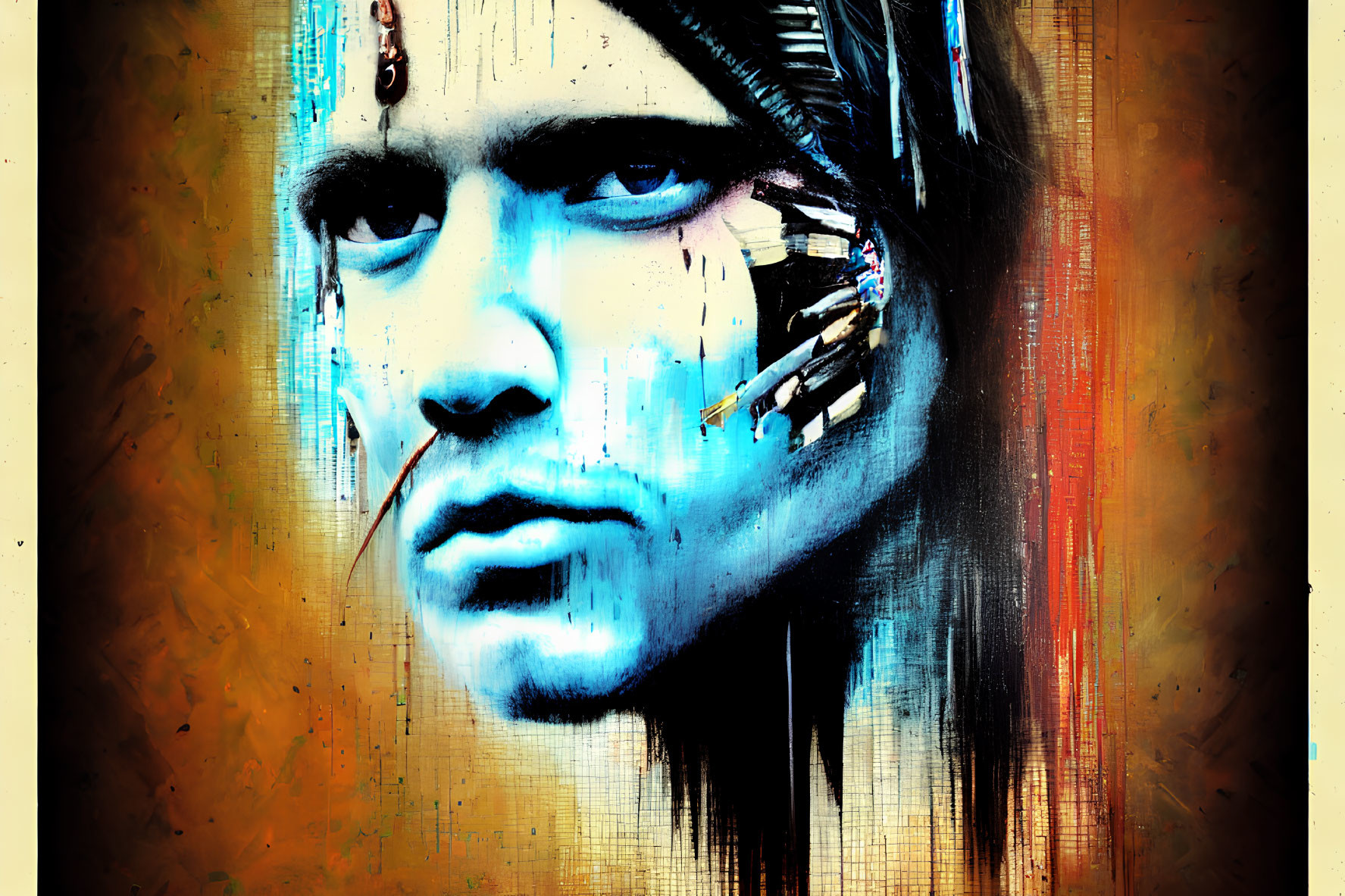 Abstract digital portrait with vibrant blue tones and textured background