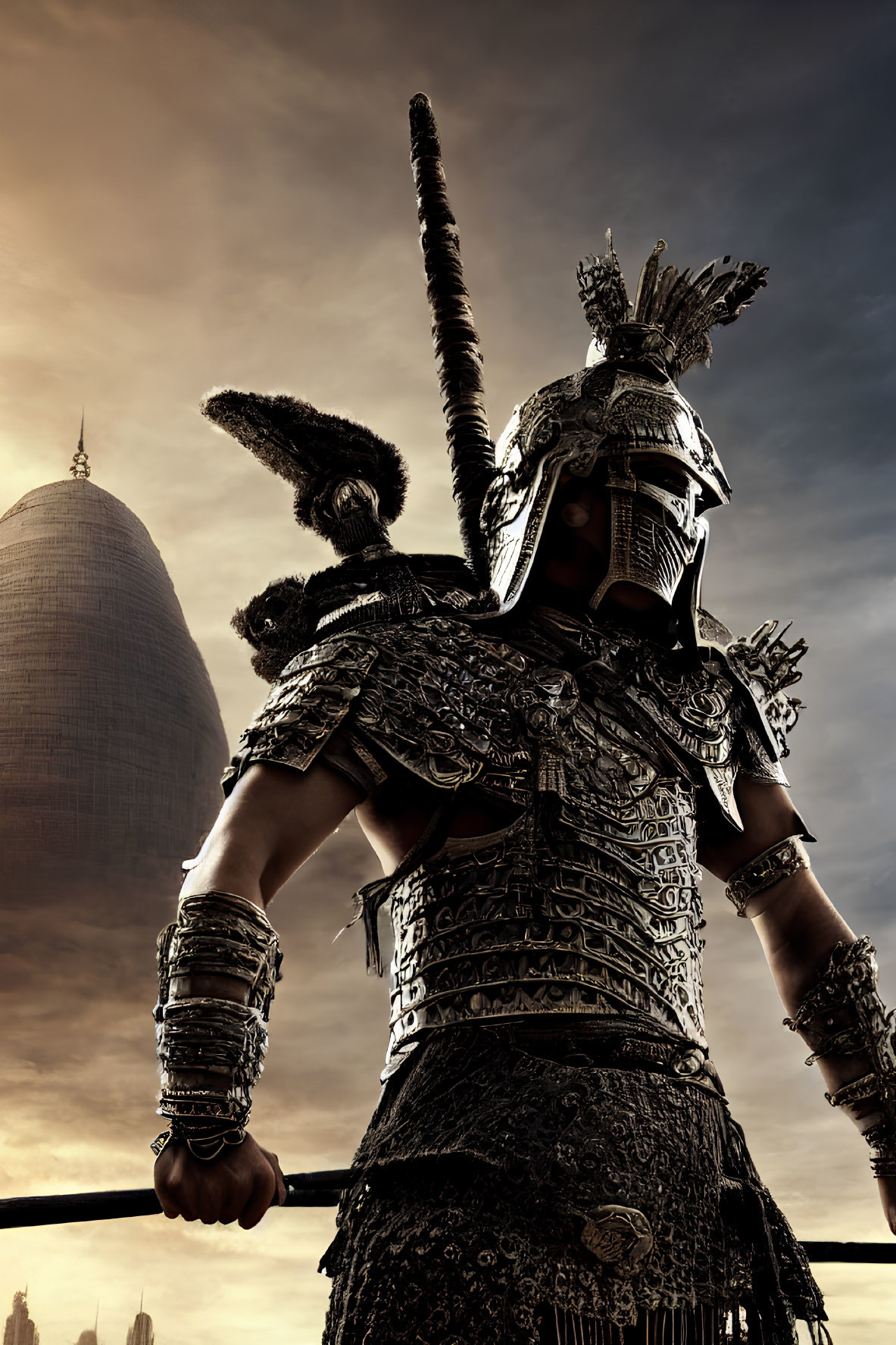 Ornate armored warrior with feathered helmet holding spear in front of domed structure at dusk.