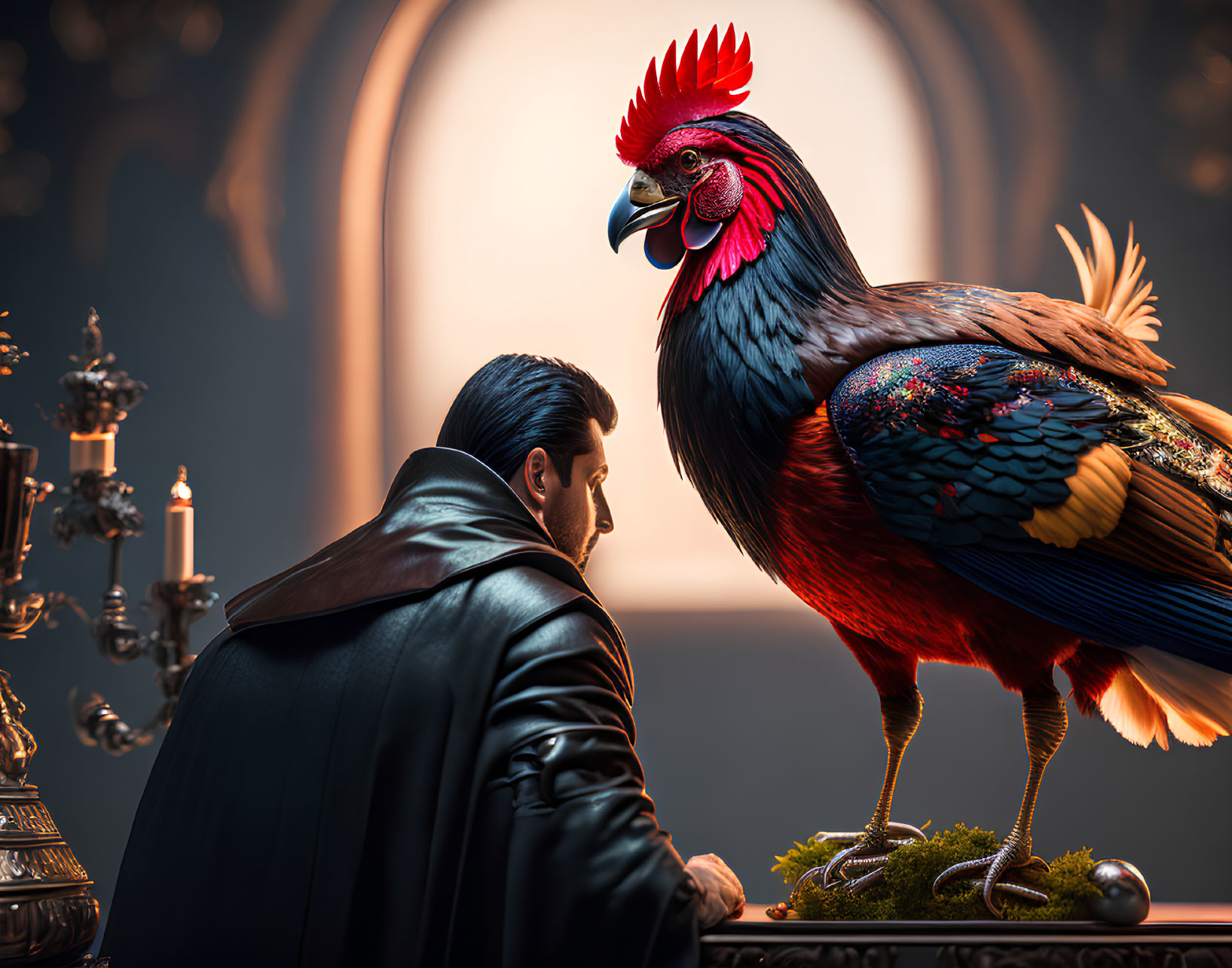 Man in Black Coat Confronts Rooster on Table with Candles
